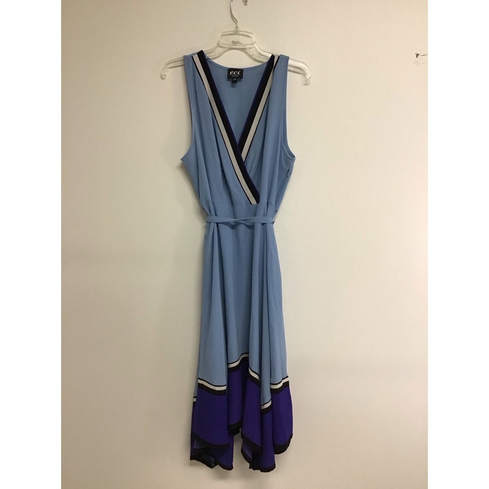 ECI Blue and Purple Belted Wrap‎ Dress Women's Size 14